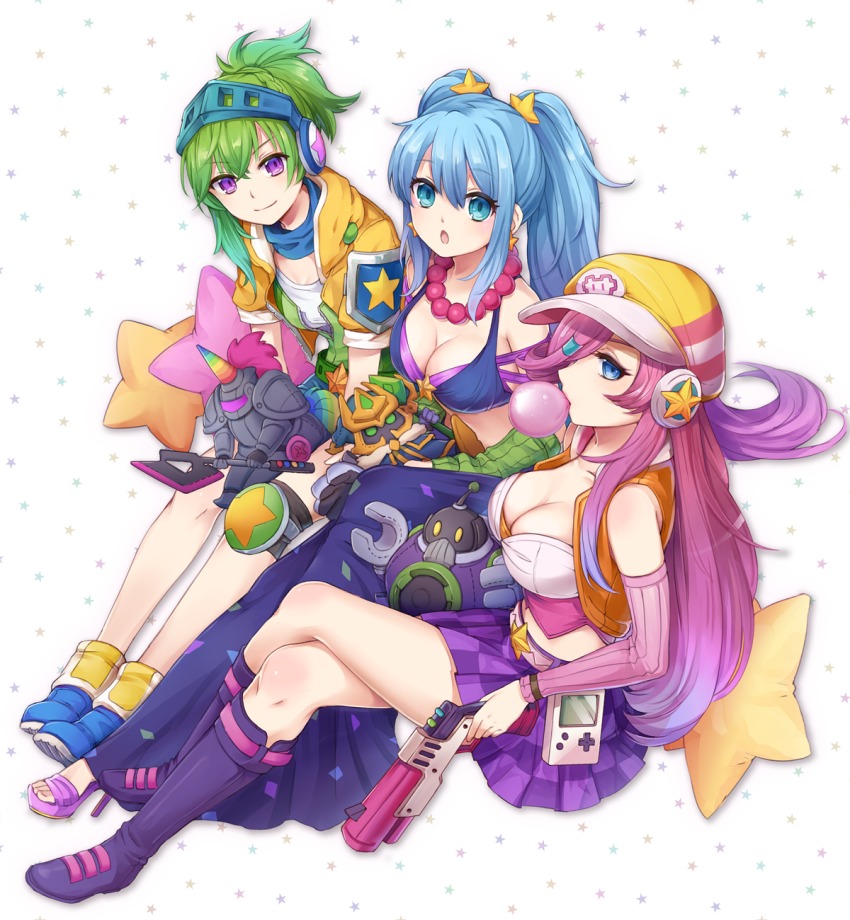 3girls, alternate_costume, alternate_hair_color, arcade_hecarim, arcade_miss_fortune, arcade_riven, arcade_sona, battle_boss_blitzcrank