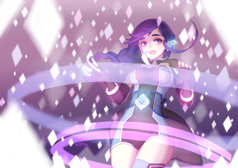 1girl, alys, blue_hair, female_focus, fingerless_gloves, gloves, long_hair, nail_polish