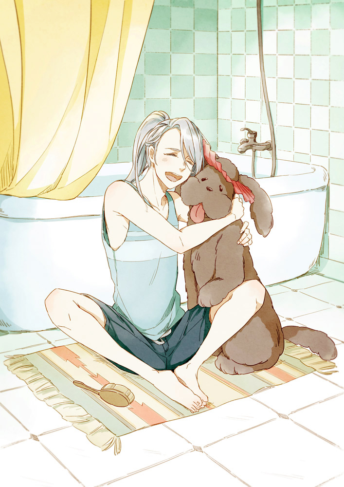 10s, 1boy, ^_^, aged_down, bathroom, bathtub, closed_eyes, dog, hair_brush, hug, makkachin, male_focus, mamemomota, open_mouth, ponytail, rug, shorts, shower_curtain, silver_hair, sitting, smile, tank_top, tongue, tongue_out, viktor_nikiforov, yuri!!!_on_ice
