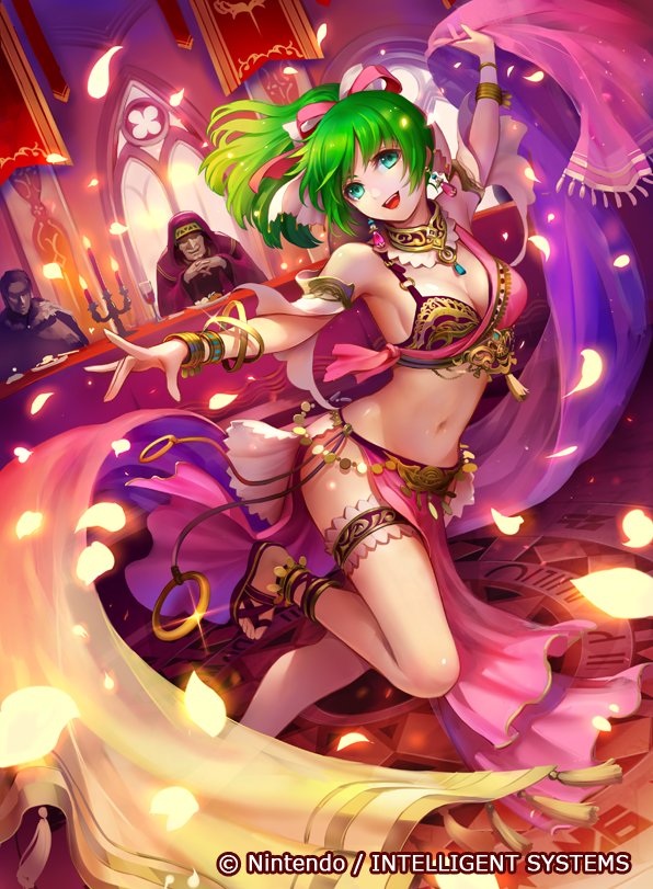 1girl, 2boys, aqua_eyes, bare_shoulders, bow, bowtie, bracelet, bramsel_(fire_emblem), breasts, cleavage, company_connection, copyright_name, dancer, dancing, detached_sleeves, earrings, faceless, faceless_male, fire_emblem, fire_emblem:_genealogy_of_the_holy_war, fire_emblem_cipher, green_hair, harem_outfit, imminent_rape, jewelry, konfuzikokon, lene_(fire_emblem), long_hair, medium_breasts, midriff, multiple_boys, navel, nintendo, official_art, open_mouth, petals, sandals, smile, thigh_strap