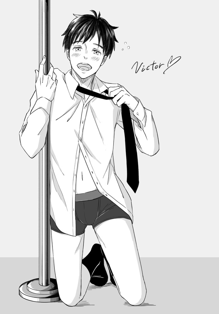 10s, 1boy, blush, boxers, collared_shirt, english_text, greyscale, heart, katsuki_yuuri, kneeling, male_focus, male_underwear, mamemomota, monochrome, necktie, no_pants, open_mouth, pole, pole_dancing, shirt, smile, stripper_pole, underwear, yuri!!!_on_ice