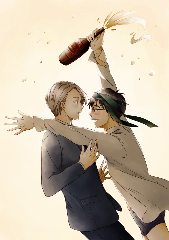 10s, 2boys, black_hair, blue_eyes, blush, bottle, boxers, brown_eyes