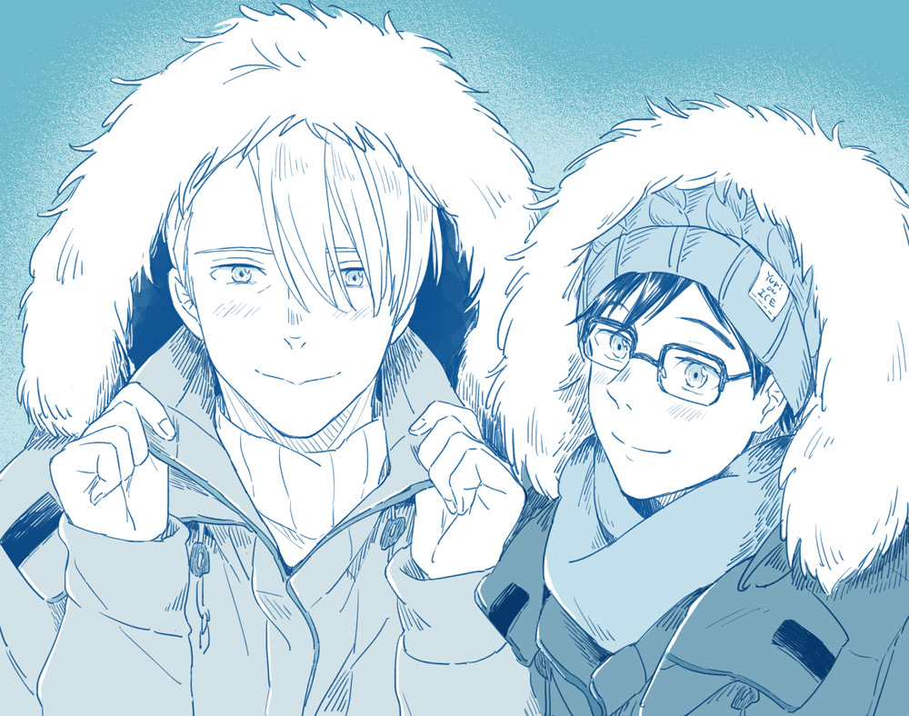 10s, 2boys, copyright_name, fur_trim, glasses, hat, hood, hooded_jacket