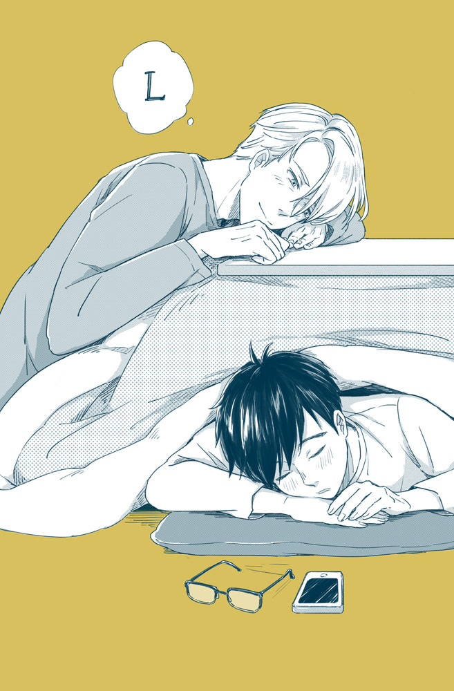 10s, 2boys, cellphone, glasses, katsuki_yuuri, kotatsu, lying, male_focus