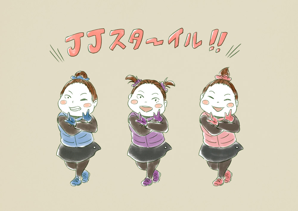 10s, 3girls, black_legwear, blue_gloves, blush_stickers, brown_eyes, brown_hair, gloves