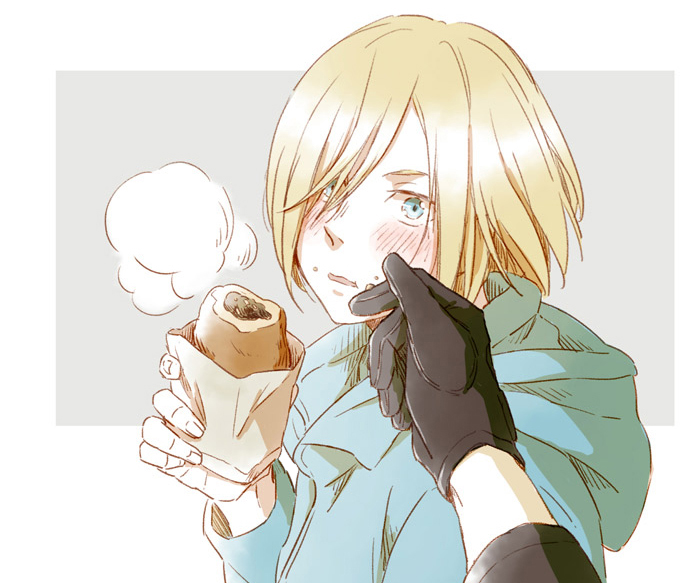 10s, 1boy, black_gloves, blonde_hair, blush, food, food_on_face, gloves, green_eyes, hair_over_one_eye, hand_on_another's_face, hood, hoodie, male_focus, mamemomota, pirozhki, pov, pov_hands, solo_focus, yuri!!!_on_ice, yuri_plisetsky