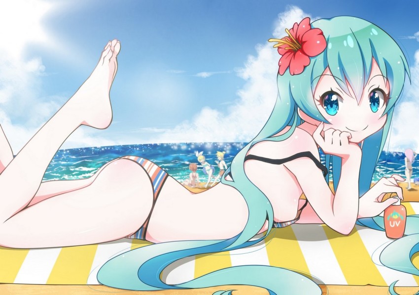1boy, 4girls, aqua_eyes, aqua_hair, ass, barefoot, beach, bikini, breasts, cloud, day, feet, flower, from_side, fuusen_neko, hair_flower, hair_ornament, hatsune_miku, hibiscus, kagamine_len, kagamine_rin, long_hair, looking_at_viewer, lotion, lying, megurine_luka, meiko_(vocaloid), multicolored_bikini, multiple_girls, no_nose, ocean, on_stomach, outdoors, sky, small_breasts, smile, strap_slip, striped_bikini, striped_clothes, sunscreen, swimsuit, the_pose, toes, very_long_hair, vocaloid, water