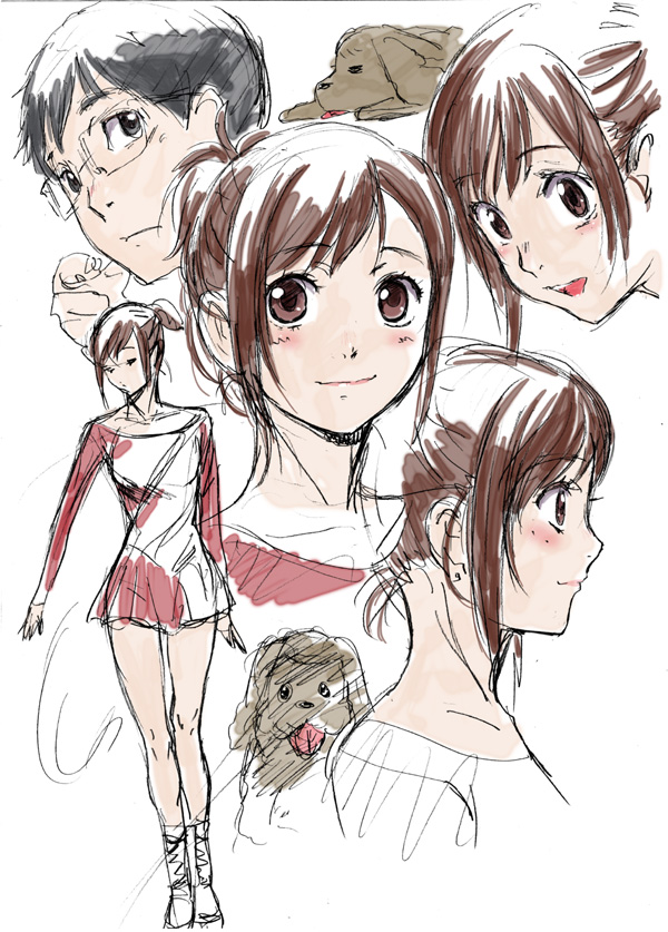 10s, 1boy, 1girl, black_hair, brown_eyes, brown_hair, collage, dog