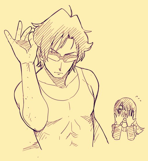 1boy, 1girl, blush, collarbone, flip_flappers, flying_sweatdrops, jpeg_artifacts, lineart, long_hair, meme, monochrome, name_connection, niina_ryou, object_namesake, parody, peeking_through_fingers, salt, salt_(flip_flappers), salt_bae_(meme), sayuri_(flip_flappers), simple_background, sketch, sunglasses, yellow_background