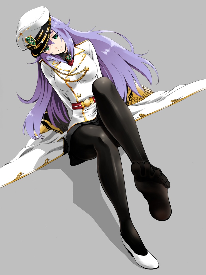 1girl, black_pantyhose, dutch_angle, feet, female_focus, full_body, green_eyes, hat, head_tilt, highres, leora_(sennen_sensou_aigis), long_hair, looking_at_viewer, military, military_uniform, oku_hideki, pantyhose, purple_hair, sennen_sensou_aigis, shadow, shoes, single_shoe, sitting, smile, soles, solo, white_shoes