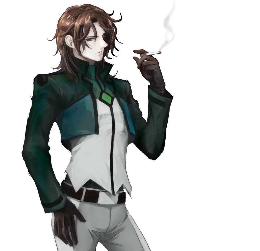 1boy, belt, black_gloves, blue_eyes, brown_hair, cigarette, gloves, grey_pants