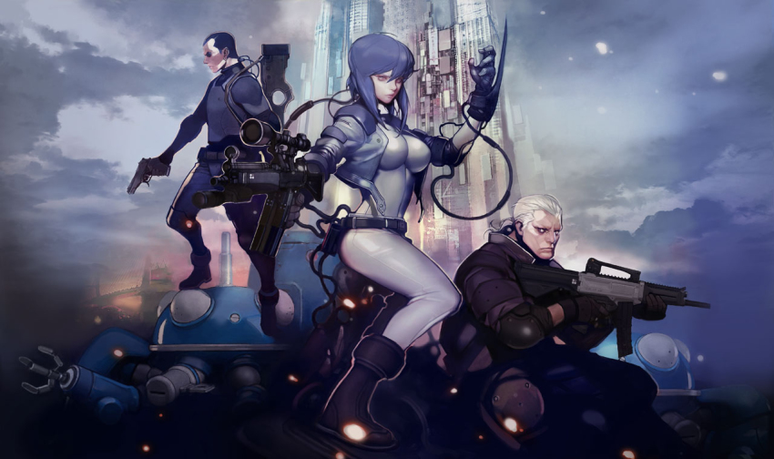 1girl, 2boys, batou_(gits), bob_cut, body_armor, bodysuit, boots, brown_hair, cable, cropped_jacket, cyborg, eyepatch, fingerless_gloves, ghost_in_the_shell, ghost_in_the_shell:_stand_alone_complex, gloves, gun, jacket, knee_pads, kusanagi_motoko, maroon_eyes, mechanical_eyes, multiple_boys, purple_hair, saitou_(gits), short_hair, short_hair_with_long_locks, weapon, wire