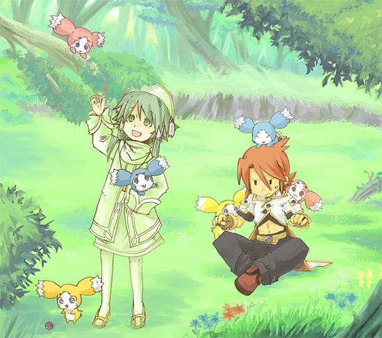 00s, 2boys, bad_id, bad_pixiv_id, gloves, green_eyes, green_hair, hair_tubes