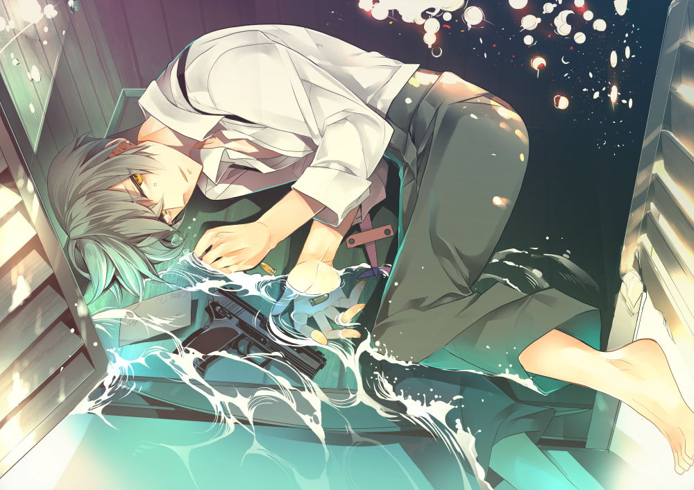 10s, 1boy, 91_days, avilio_bruno, black_pants, brown_eyes, brown_hair, bullet, edoya_pochi, gun, indoors, letter, looking_at_viewer, male_focus, pants, partially_submerged, shirt, solo, suspenders, weapon, white_shirt