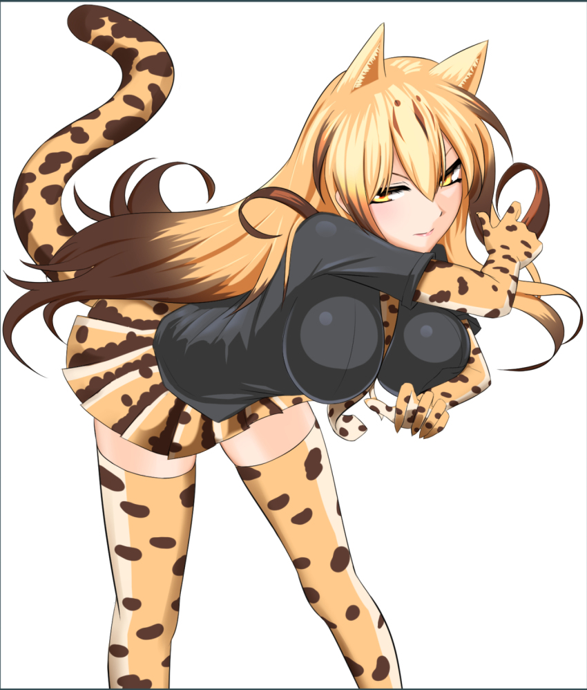 10s, 1girl, adon_(adtech), animal_ears, blonde_hair, brown_hair, cat_ears, cat_tail, female_focus, highres, kemono_friends, king_cheetah_(kemono_friends), long_hair, multicolored_hair, necktie, simple_background, solo, tail, thighhighs, two-tone_hair, white_background, yellow_eyes