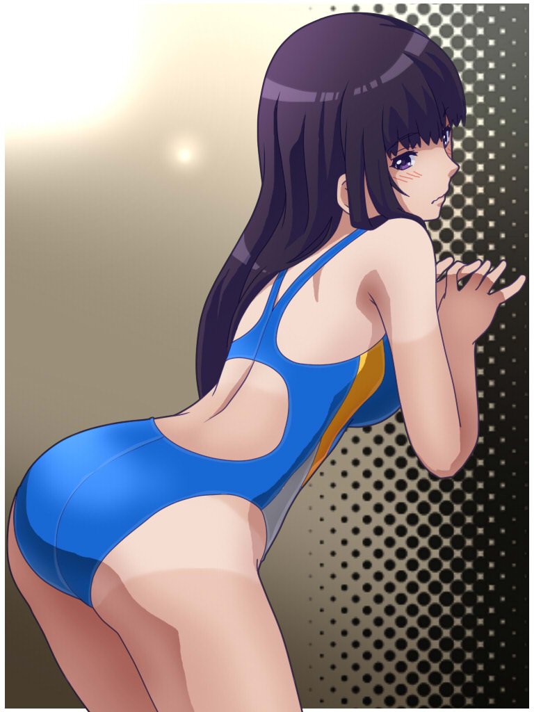 10s, 1girl, ass, awa, black_eyes, black_hair, blue_one-piece_swimsuit, competition_swimsuit