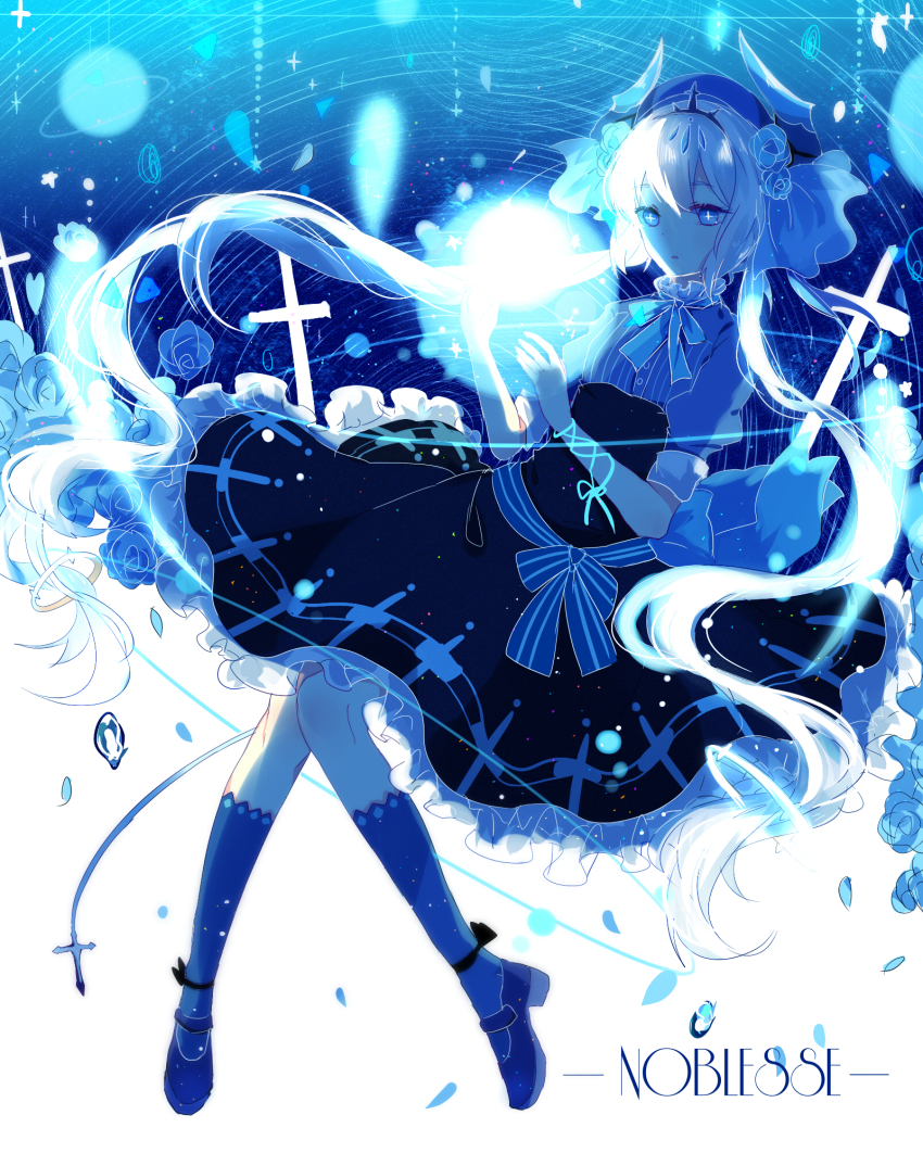 +_+, 1girl, ankle_ribbon, arm_ribbon, black_ribbon, black_skirt, blue_eyes, blue_ribbon