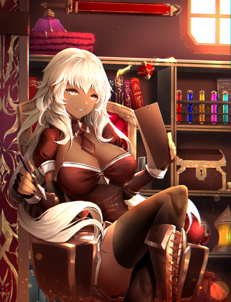 1girl, bad_id, bad_pixiv_id, book, boots, bracer, breasts, brown_thighhighs, cleavage, crossed_legs, dark-skinned_female, dark_skin, detached_sleeves, dress, female_focus, fingerless_gloves, gloves, grin, knee_boots, lace-up_boots, lantern, large_breasts, light_particles, limeblock, long_hair, looking_at_viewer, nib_pen_(object), notepad, orb, original, pen, scabbard, sheath, sheathed, shelf, shorts, sitting, smile, solo, strapless, strapless_dress, sword, test_tube, test_tube_rack, thighhighs, treasure_chest, very_long_hair, weapon, white_hair, window, wrist_cuffs, yellow_eyes