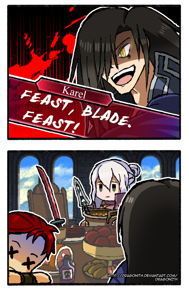 1girl, 2boys, 2koma, black_hair, bottle, cauldron, chair, cloud