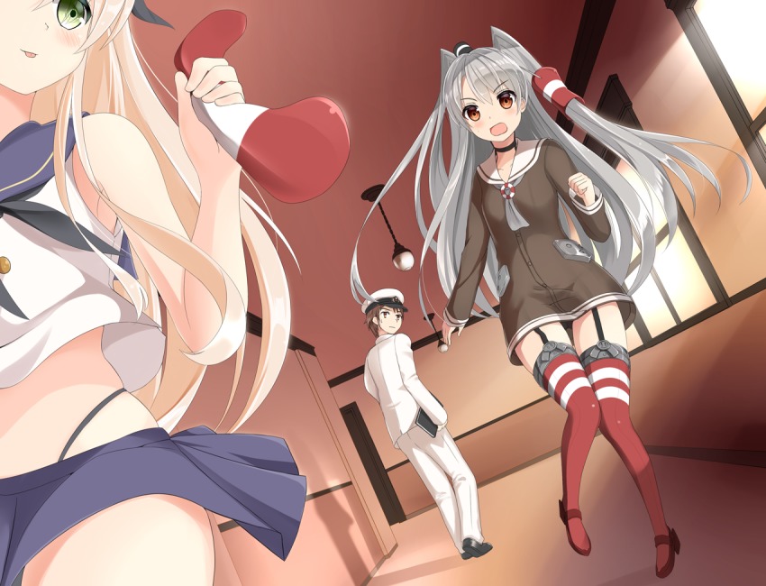 10s, 1boy, 2girls, admiral_(kancolle), amatsukaze_(kancolle), black_panties, blonde_hair, clothes_theft