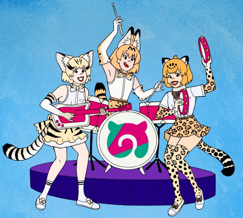 10s, 3girls, :d, animal_ears, animal_print, bare_shoulders, blonde_hair, blue_background, bow, bowtie, cat_ears, cat_tail, drum, drum_set, drumsticks, elbow_gloves, female_focus, fur_collar, gloves, guitar, hanna-barbera, instrument, jaguar_(kemono_friends), jaguar_ears, jaguar_tail, japari_symbol, josie_and_the_pussycats, josie_mccoy, kemono_friends, looking_at_viewer, melody_valentine_(josie_and_the_pussycats), multicolored_hair, multiple_girls, music, open_mouth, parody, playing_instrument, sand_cat_(kemono_friends), serval_(kemono_friends), serval_tail, shirt, short_hair, short_sleeves, simple_background, skirt, sleeveless, smile, streaked_hair, style_parody, tail, tambourine, tareme, two-tone_bow, two-tone_bowtie, unno_hotaru, valerie_brown_(josie_and_the_pussycats), white_shirt, yellow_eyes