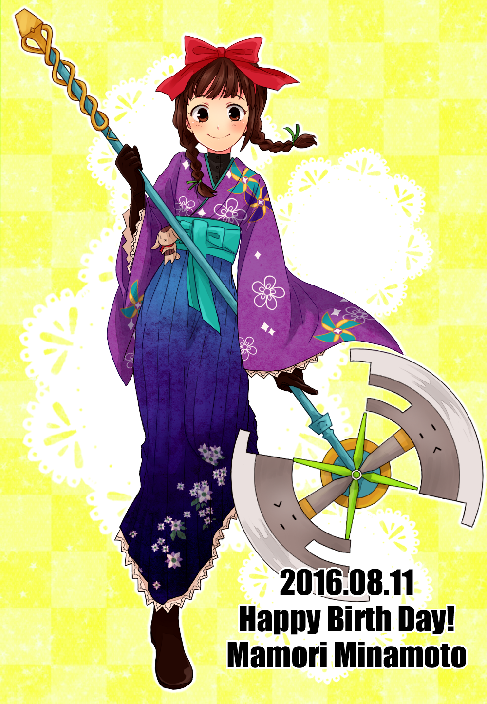 1girl, 31sgic, :<, axe, boots, bow, braid, brown_eyes