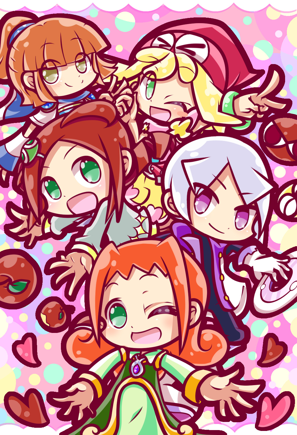 1boy, 4girls, ally_(puyopuyo), amitie_(puyopuyo), andou_ringo, apple, arle_nadja, blonde_hair, blush, blush_stickers, bracelet, brown_eyes, compile, drill_hair, food, fruit, green_eyes, grey_hair, hair_ornament, hat, heart, highres, jewelry, looking_at_viewer, madou_monogatari, multiple_girls, name_connection, neckerchief, object_namesake, one_eye_closed, open_mouth, orange_hair, pendant, ponytail, purple_eyes, puyo_(puyopuyo), puyopuyo, puyopuyo_7, puyopuyo_chronicle, puyopuyo_fever, puyopuyo_tetris, red_hair, red_headwear, school_uniform, sega, short_hair, shorts, sleeveless, smile, tee_(puyopuyo), wink