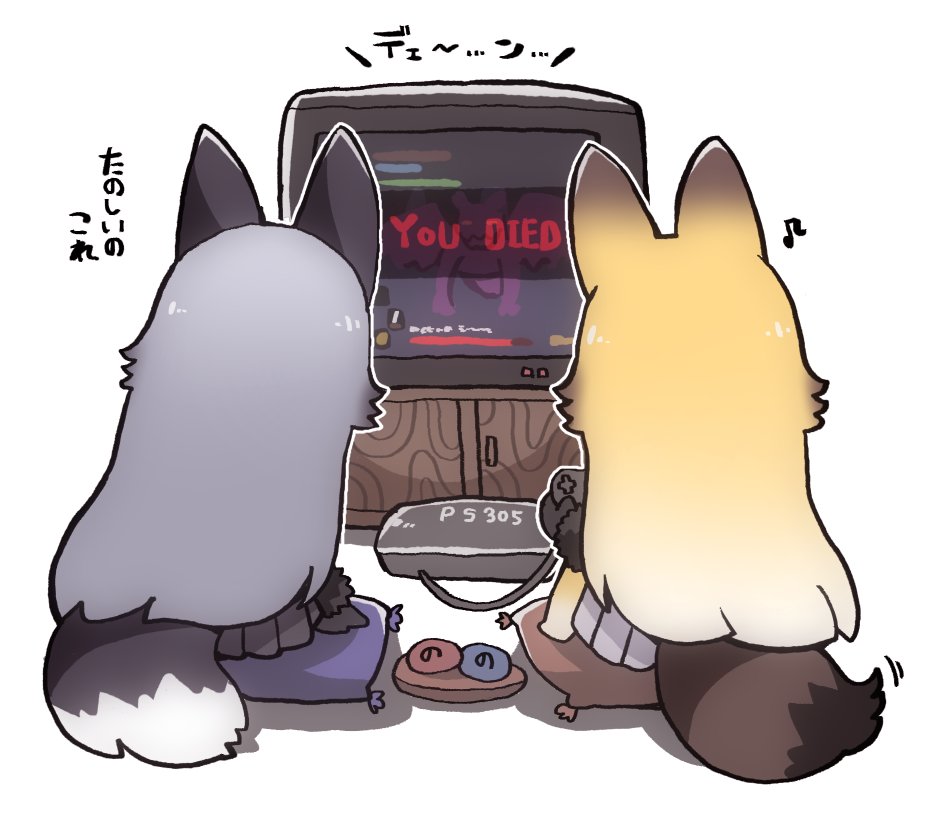 10s, 2girls, animal_ears, bad_id, bad_twitter_id, blonde_hair, controller, dark_souls_(series)