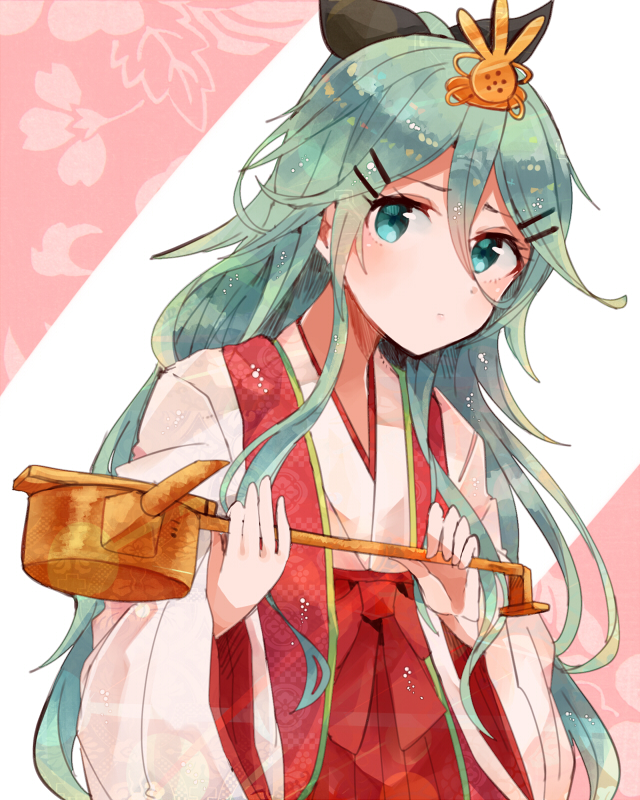 10s, 1girl, alternate_costume, aqua_eyes, black_ribbon, female_focus, green_hair, hair_ornament