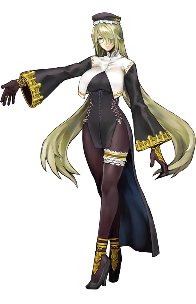 1girl, blonde_hair, bloodstained:_ritual_of_the_night, bloodstained_(series), blue_eyes, breasts, coat, dominique_baldwin, glasses, gloves, hair_over_one_eye, hat, high_heels, large_breasts, long_hair, long_sleeves, official_art, pantyhose, smile