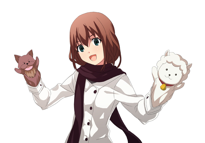 00s, 1girl, brown_scarf, coat, date_(senpen), female_focus, hand_puppet, mubyou