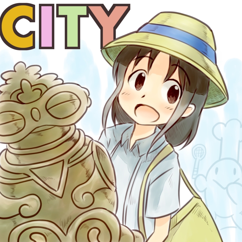 1girl, :d, bag, black_eyes, black_hair, blue_shirt, blush, city_(arawi_keiichi)