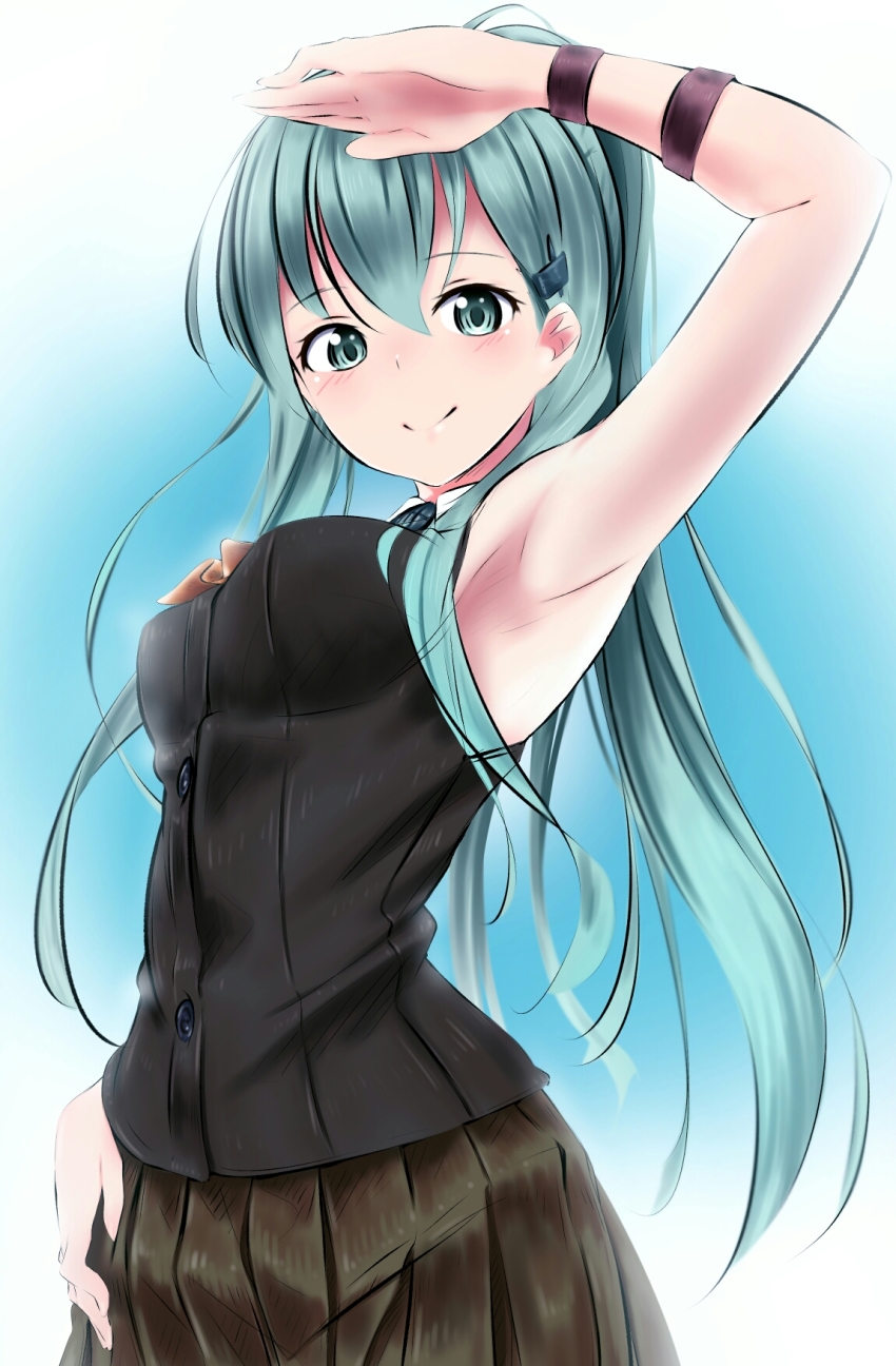 10s, 1girl, arm_up, armpits, bad_id, bad_pixiv_id, black_skirt, blush
