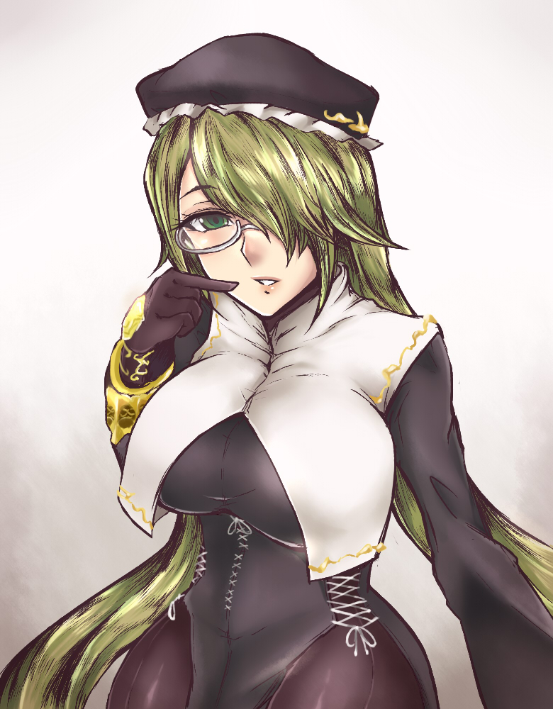 1girl, blonde_hair, bloodstained:_ritual_of_the_night, bloodstained_(series), breasts, coat, dominique_baldwin, eyelashes, glasses, gloves, green_eyes, hair_over_one_eye, hat, large_breasts, lips, long_hair, long_sleeves, pantyhose, source_request