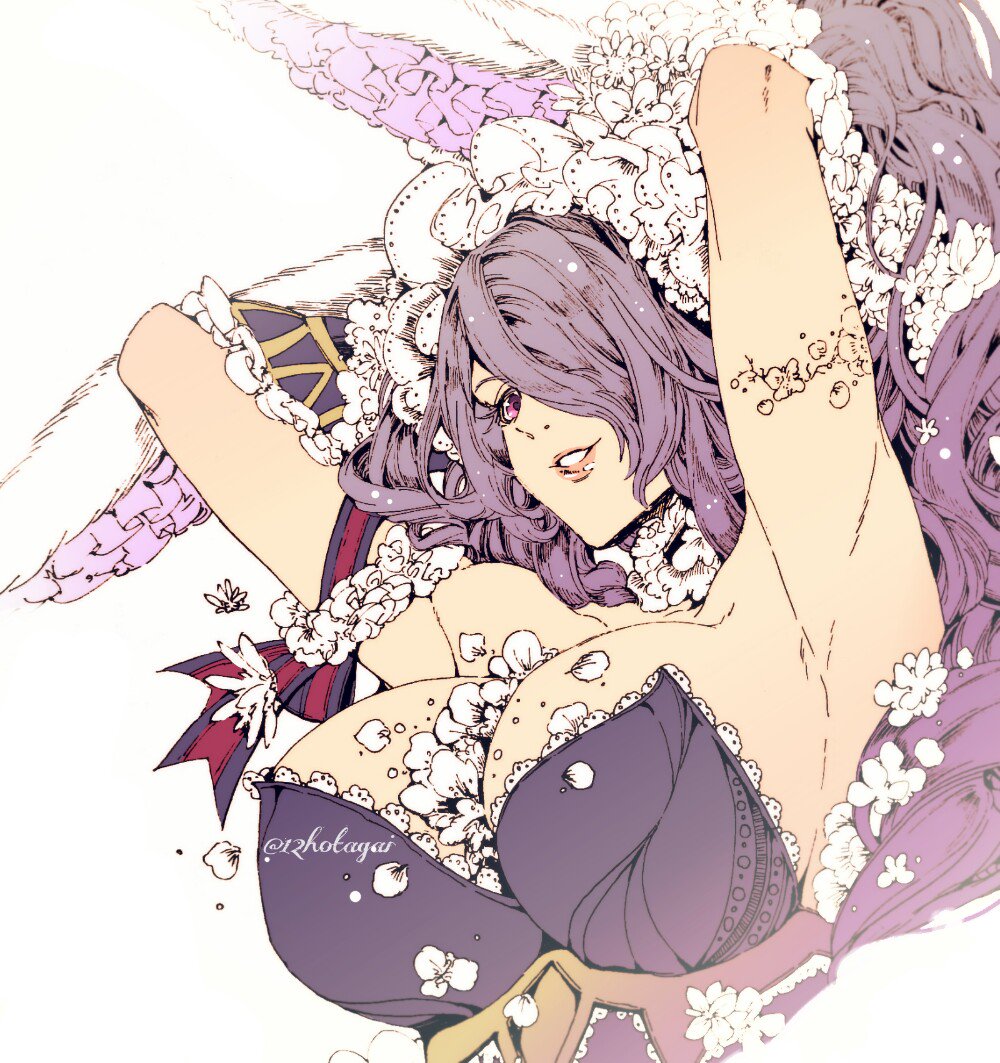 1girl, animal_ears, arm_ribbon, arm_tattoo, armpits, arms_behind_head, arms_up, bare_shoulders, between_breasts, big_hair, breasts, camilla_(fire_emblem), camilla_(spring_princess)_(fire_emblem), cleavage, fake_animal_ears, female_focus, fire_emblem, fire_emblem_fates, fire_emblem_heroes, flower, hair_over_one_eye, hairband, hands_in_own_hair, hotate_rayan, huge_breasts, lace_trim, lips, long_hair, looking_at_viewer, nintendo, parted_lips, playboy_bunny, purple_eyes, purple_hair, rabbit_ears, ribbon, smile, solo, strapless, tattoo, twitter_username, upper_body, very_long_hair, wavy_hair