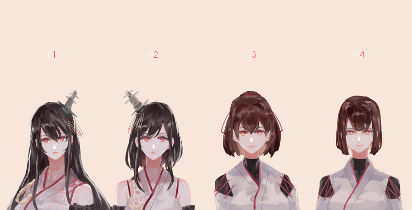 10s, 4girls, black_hair, brown_eyes, brown_hair, fusou_(kancolle), hair_ornament, highres