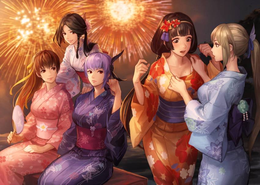5girls, ayane_(doa), black_hair, blonde_hair, blush, braid, breasts, brown_eyes