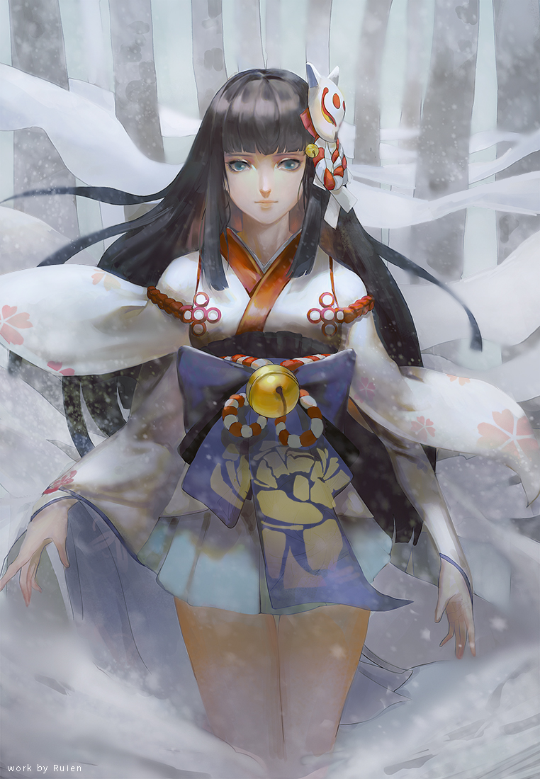 1girl, artist_name, bell, black_hair, blue_eyes, female_focus, hair_bell, hair_ornament, japanese_clothes, jingle_bell, long_hair, looking_at_viewer, mask, mask_on_head, onmyoji, ruien_(wu_jui-en), sash, solo, standing, very_long_hair, yuki_onna_(onmyoji)