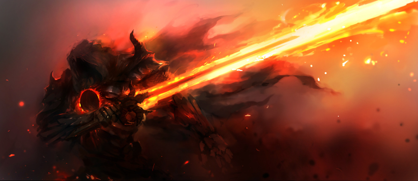 1boy, 1girl, bad_id, bad_pixiv_id, cape, dark_souls_(series), dark_souls_iii, female_focus, fire, highres, hood, male_focus, ringed_knight_(dark_souls), solo, sword, weapon, zhuore_zhi_hen