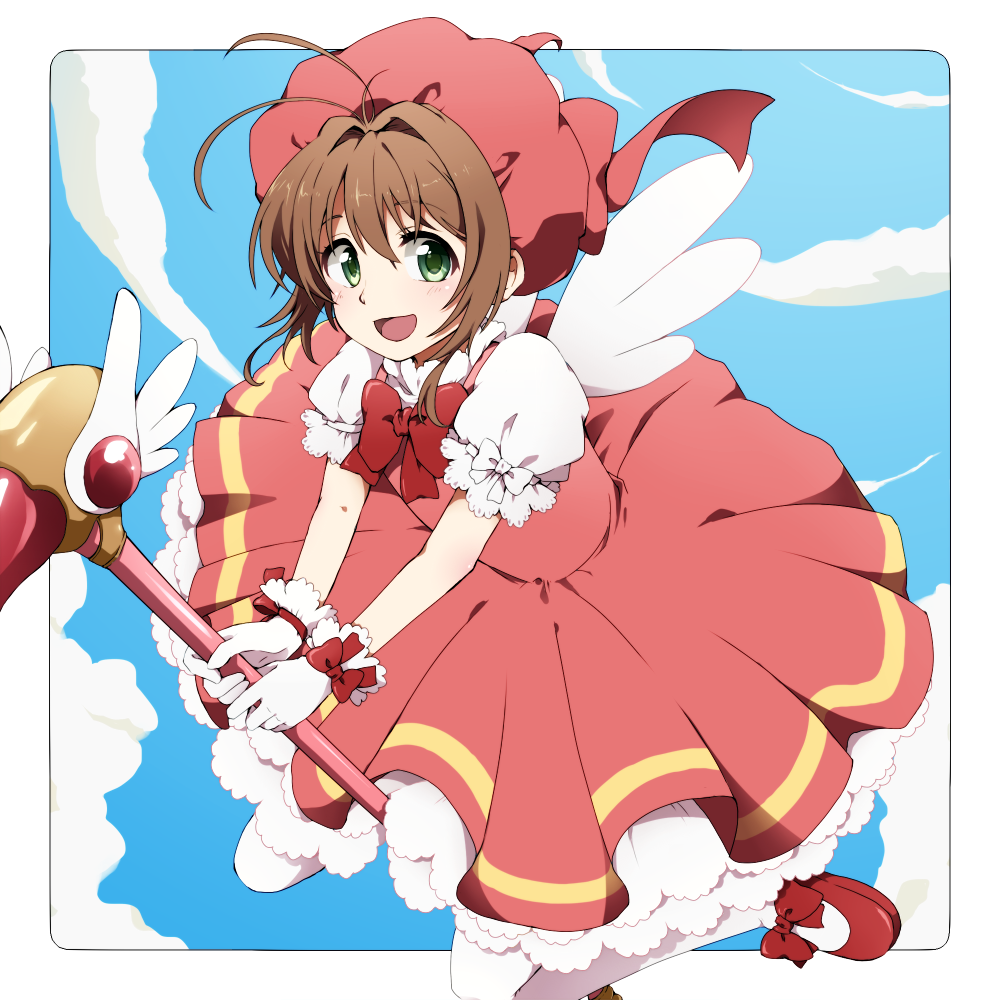 1990s_(style), 1girl, antenna_hair, blush, brown_hair, cardcaptor_sakura, choker, female_focus