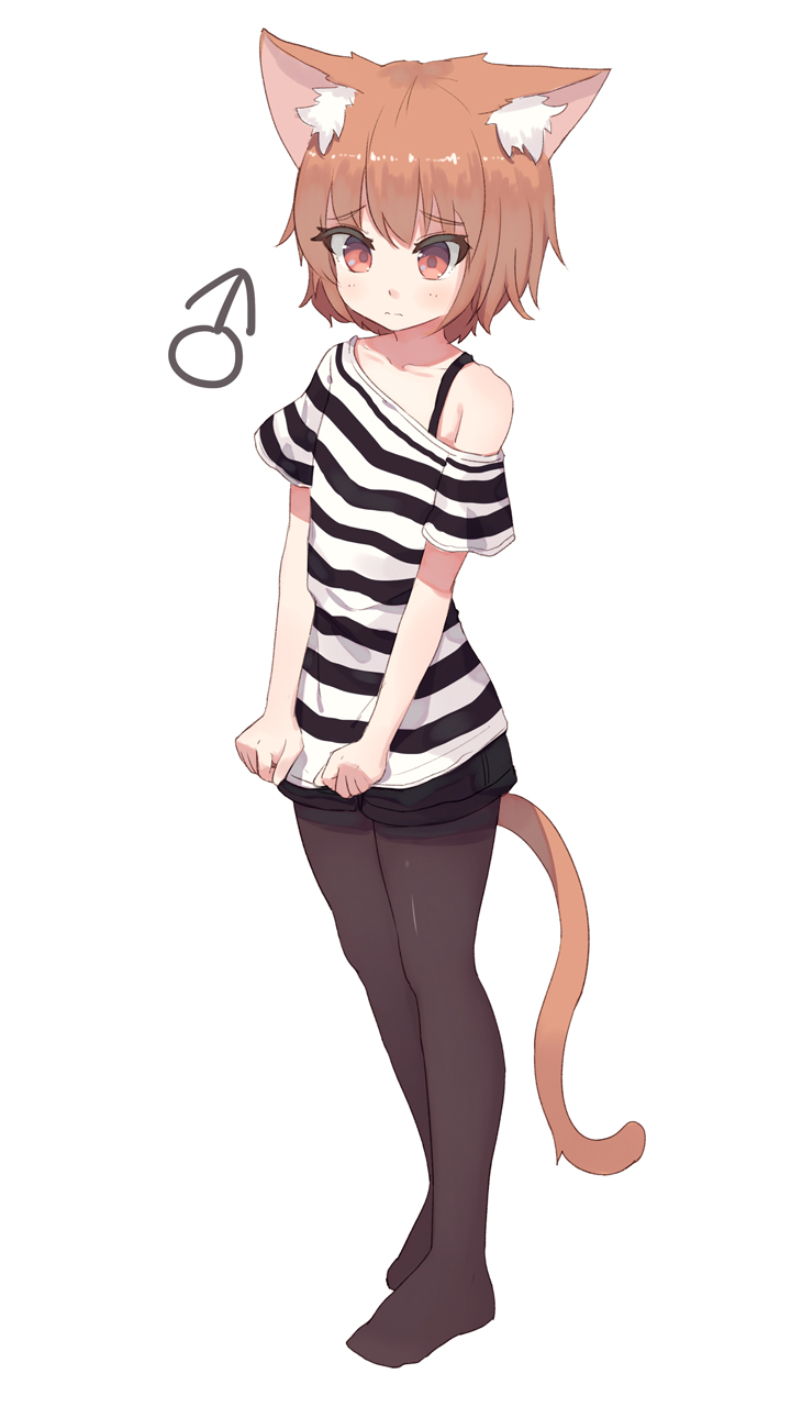 1boy, animal_ear_fluff, animal_ears, black_pantyhose, blush, brown_hair, cat_boy, cat_ears