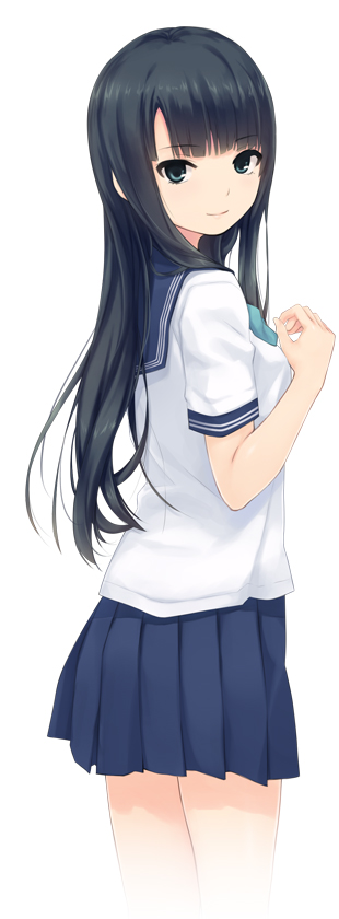 1girl, amekoi, aqua_eyes, black_hair, blue_skirt, bow, cowboy_shot, female_focus