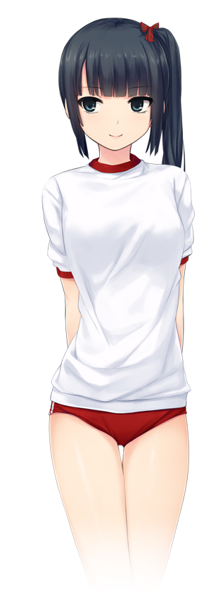 1girl, amekoi, aqua_eyes, black_hair, buruma, cowboy_shot, female_focus, hair_ornament