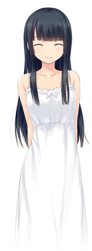 1girl, amekoi, black_hair, bow, closed_eyes, collarbone, dress, female_focus