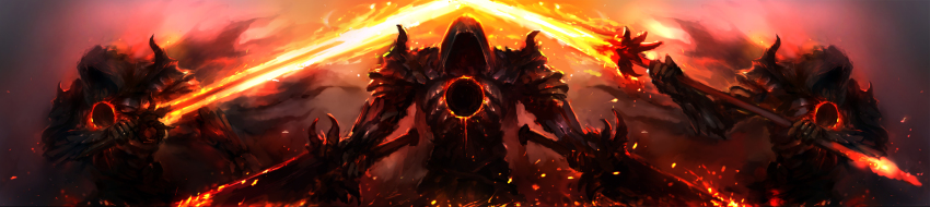 3boys, absurdres, bad_id, bad_pixiv_id, cape, dark_souls_(series), dark_souls_iii, dual_wielding, fire, highres, holding, hood, long_image, male_focus, multiple_boys, ringed_knight_(dark_souls), sword, weapon, wide_image, zhuore_zhi_hen