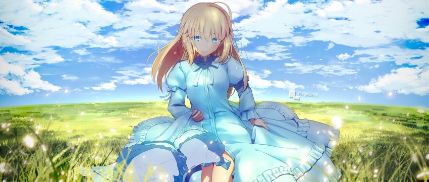 1girl, ahoge, aqua_eyes, artoria_pendragon_(fate), bad_id, bad_pixiv_id, blonde_hair, blue_bow