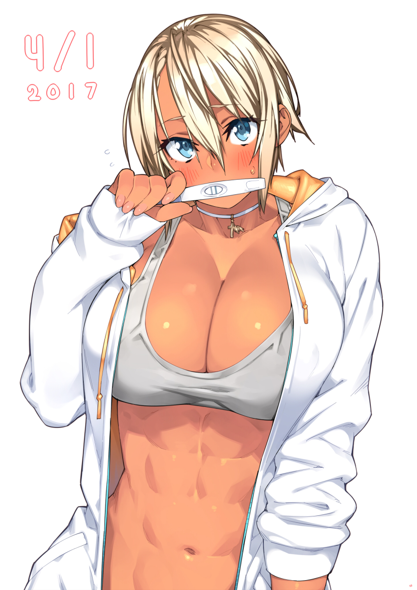 1girl, 2017, 23_(real_xxiii), abs, april_fools, blonde_hair, blush, breasts, choker, cleavage, dark-skinned_female, dark_skin, dated, female_focus, highres, holding, holding_pregnancy_test, hood, hoodie, jacket, large_breasts, muscular, navel, open_clothes, open_hoodie, open_jacket, original, pregnancy_test, sela_(23), short_hair, simple_background, solo, sports_bra, sweatdrop, toned