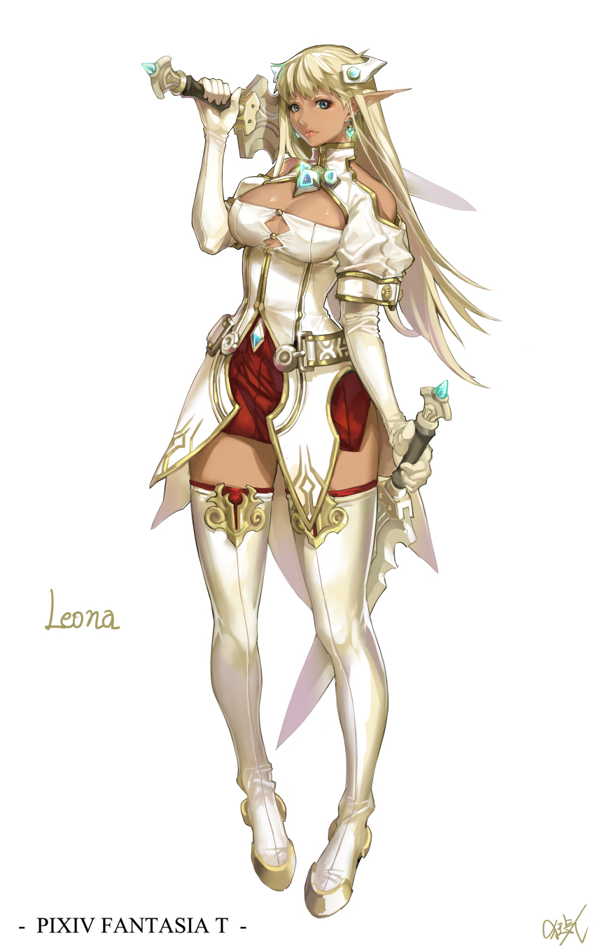 1girl, absurdres, artist_name, bare_shoulders, blonde_hair, boots, breasts, character_name