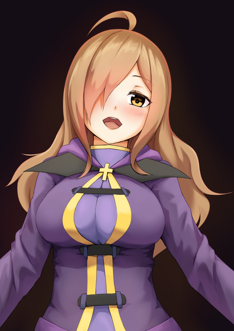 10s, 1girl, ahoge, blush, breasts, brown_eyes, brown_hair, female_focus, hair_over_one_eye, kono_subarashii_sekai_ni_shukufuku_wo!, large_breasts, long_hair, looking_at_viewer, open_mouth, robe, shoron, smile, solo, wiz_(konosuba)