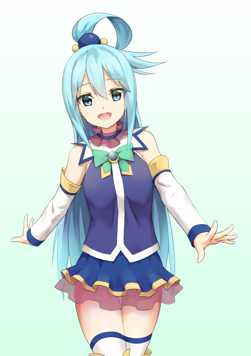 10s, 1girl, aqua_(konosuba), bare_shoulders, blue_eyes, blue_hair, boots, choker